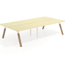 Mesa multipuesto UvePro Bench doble, fondo 166 cm, sobre curvo, estructura blanca/madera