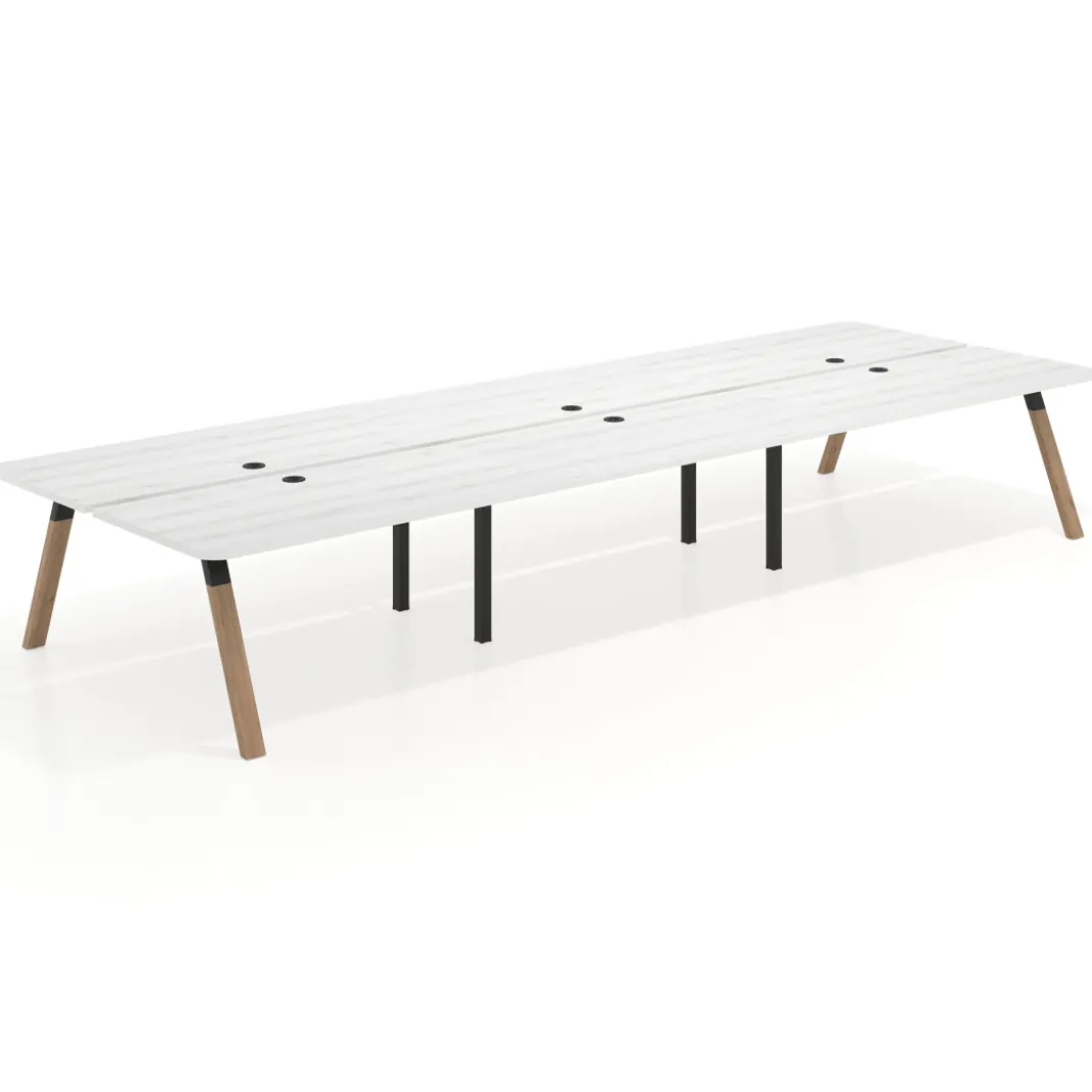 Mesa multipuesto UvePro Bench triple, fondo 166 cm, sobre curvo, estructura negra/madera