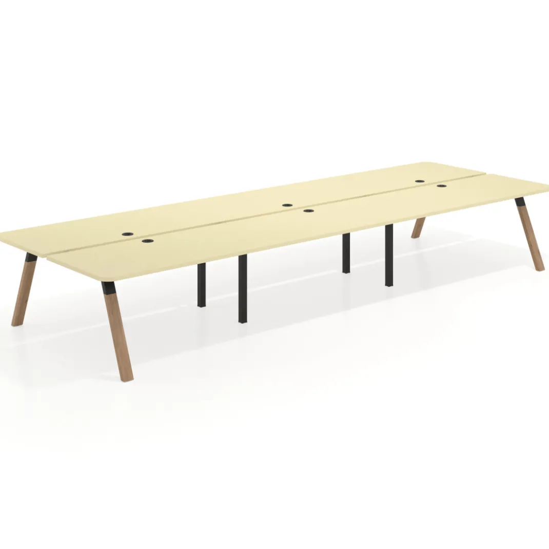 Mesa multipuesto UvePro Bench triple, fondo 166 cm, sobre curvo, estructura negra/madera