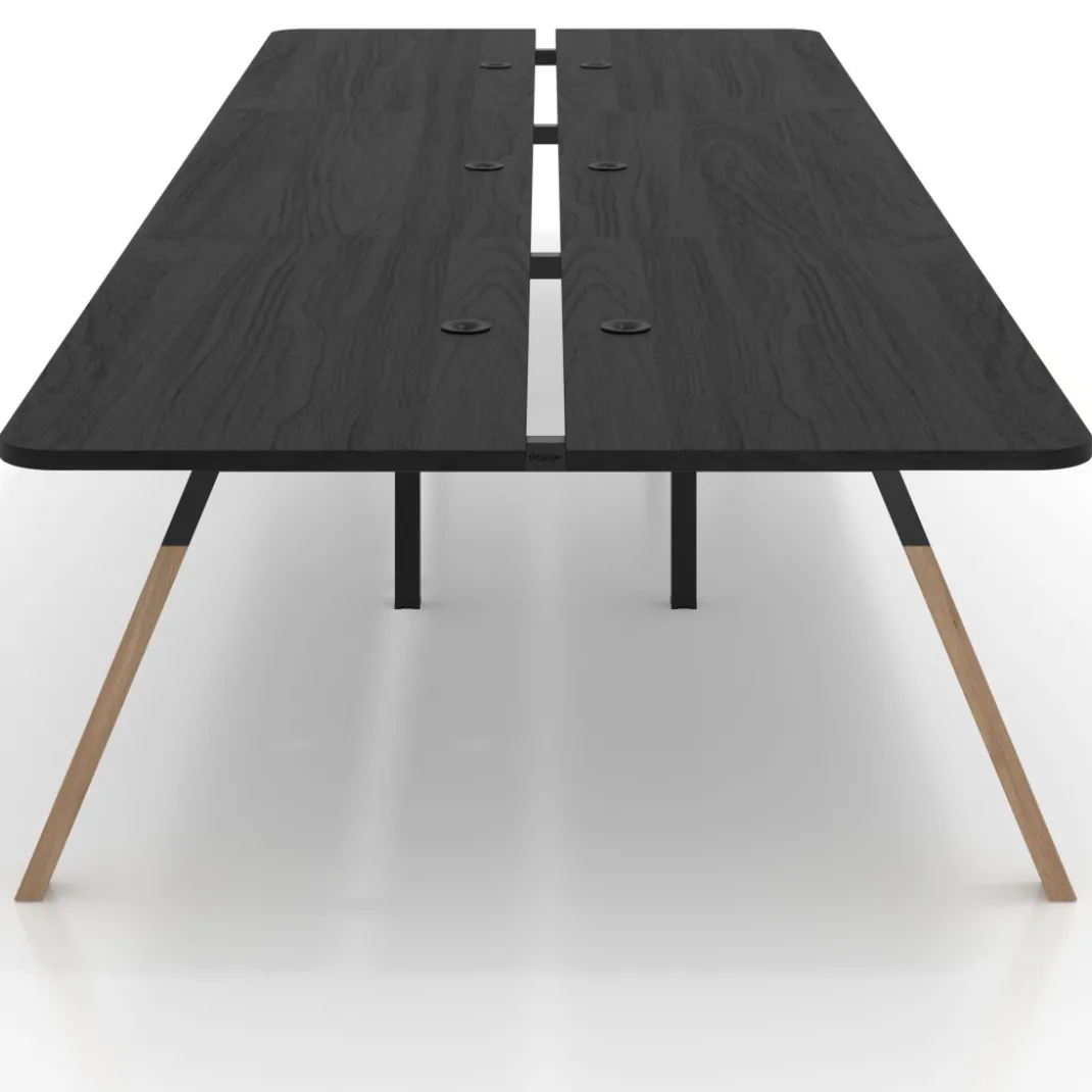 Mesa multipuesto UvePro Bench triple, fondo 166 cm, sobre curvo, estructura negra/madera