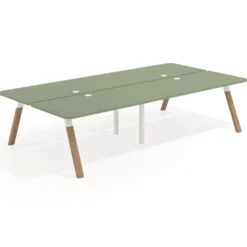 Mesa multipuesto UvePro Bench doble, fondo 166 cm, sobre curvo, estructura blanca/madera
