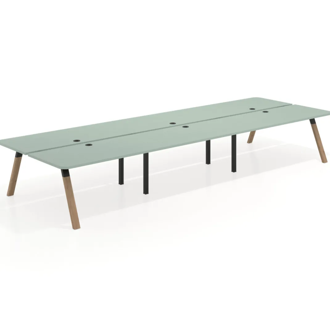 Mesa multipuesto UvePro Bench triple, fondo 166 cm, sobre curvo, estructura negra/madera