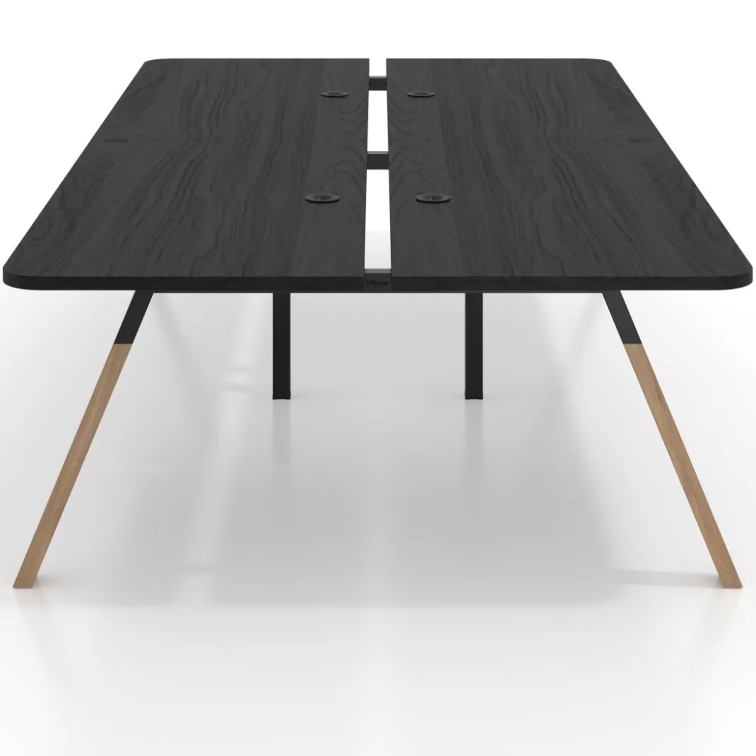 Mesa multipuesto UvePro Bench doble, fondo 166 cm, sobre curvo, estructura negra/madera