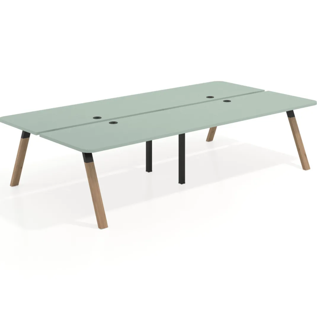 Mesa multipuesto UvePro Bench doble, fondo 166 cm, sobre curvo, estructura negra/madera