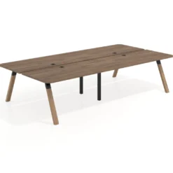 Mesa multipuesto UvePro Bench doble, fondo 166 cm, sobre curvo, estructura negra/madera