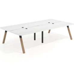 Mesa multipuesto UvePro Bench doble, fondo 166 cm, sobre curvo, estructura negra/madera