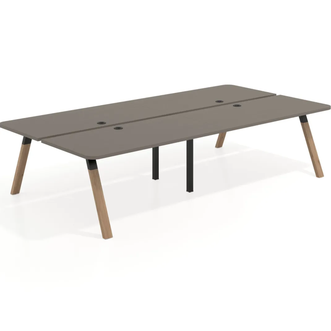 Mesa multipuesto UvePro Bench doble, fondo 166 cm, sobre curvo, estructura negra/madera