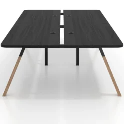Mesa multipuesto UvePro Bench doble, fondo 166 cm, sobre curvo, estructura negra/madera