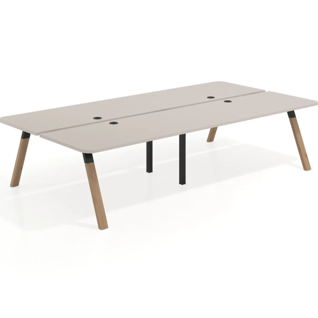 Mesa multipuesto UvePro Bench doble, fondo 166 cm, sobre curvo, estructura negra/madera