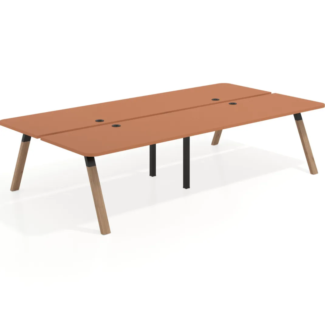 Mesa multipuesto UvePro Bench doble, fondo 166 cm, sobre curvo, estructura negra/madera