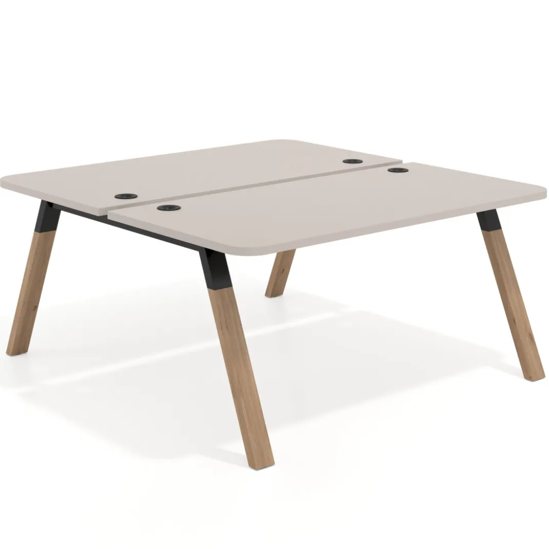 Mesa multipuesto UvePro Bench fondo 166 cm, sobre curvo, estructura negra/madera