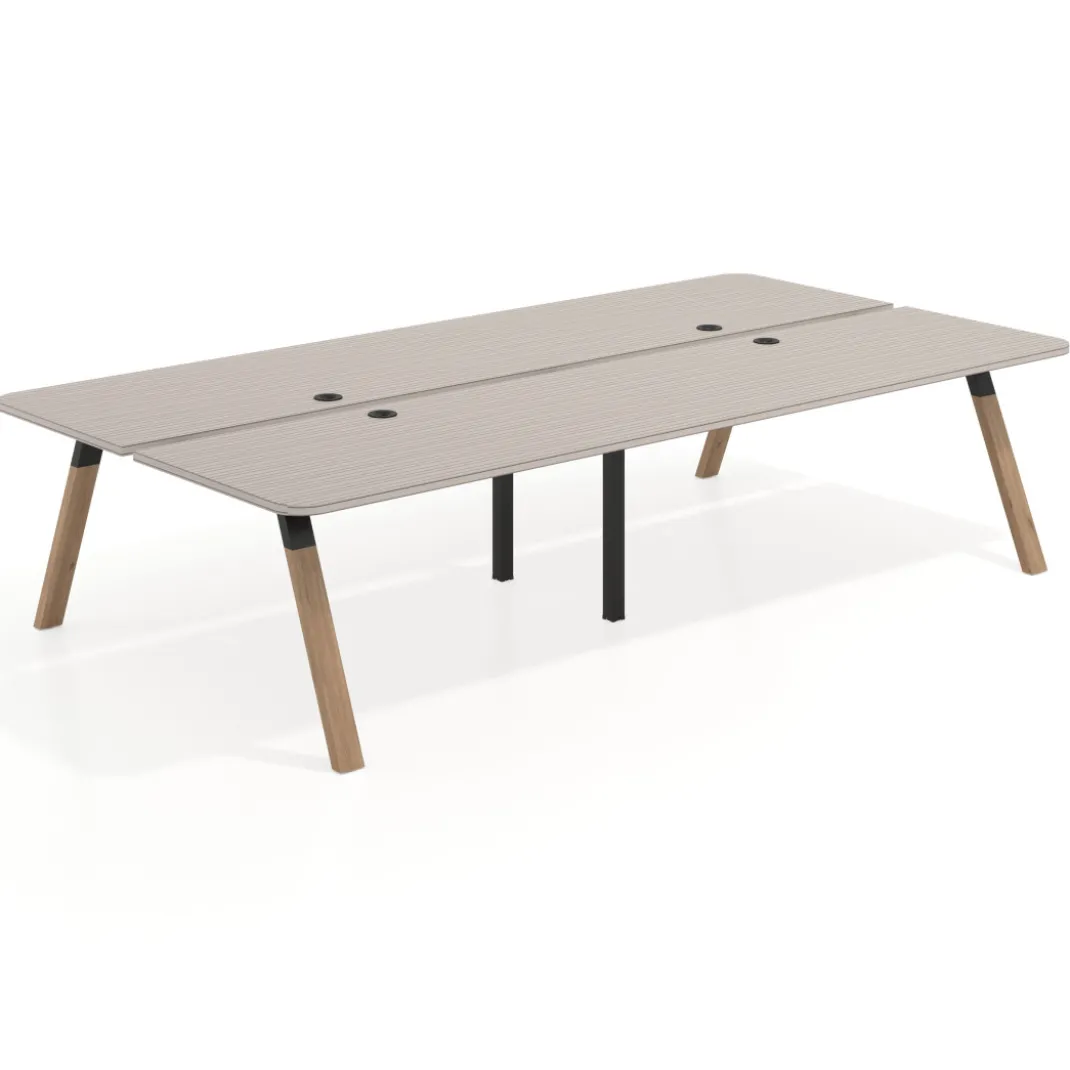 Mesa multipuesto UvePro Bench doble, fondo 166 cm, sobre curvo, estructura negra/madera