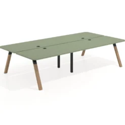 Mesa multipuesto UvePro Bench doble, fondo 166 cm, sobre curvo, estructura negra/madera