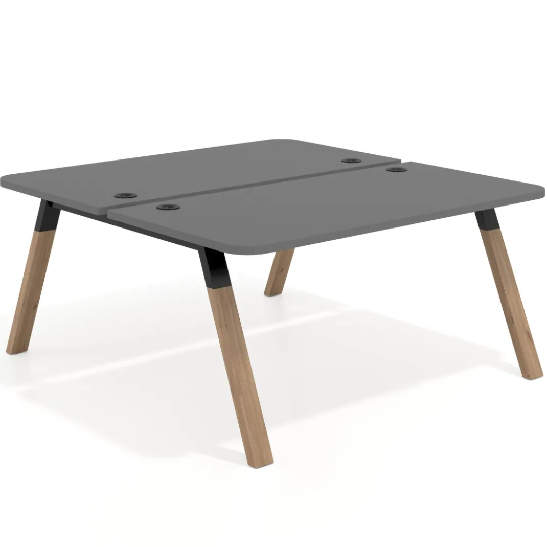 Mesa multipuesto UvePro Bench fondo 166 cm, sobre curvo, estructura negra/madera