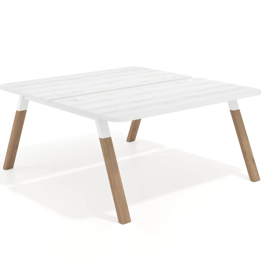 Mesa multipuesto UvePro Bench fondo 166 cm, sobre curvo, estructura blanca/madera