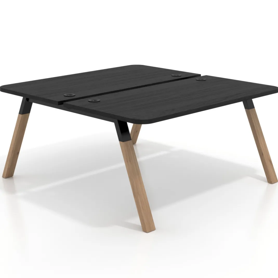 Mesa multipuesto UvePro Bench fondo 166 cm, sobre curvo, estructura negra/madera