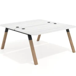 Mesa multipuesto UvePro Bench fondo 166 cm, sobre curvo, estructura negra/madera