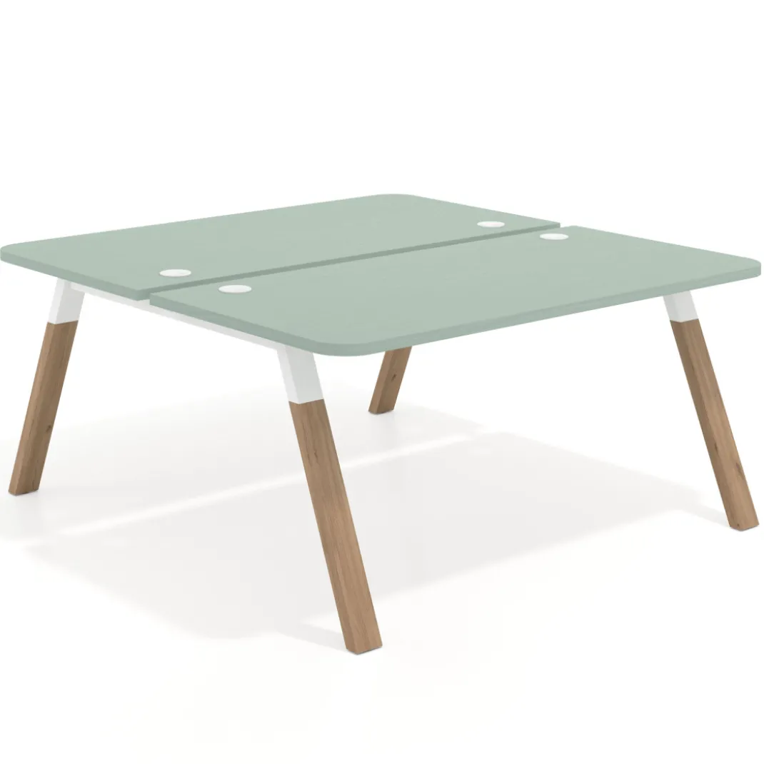 Mesa multipuesto UvePro Bench fondo 166 cm, sobre curvo, estructura blanca/madera