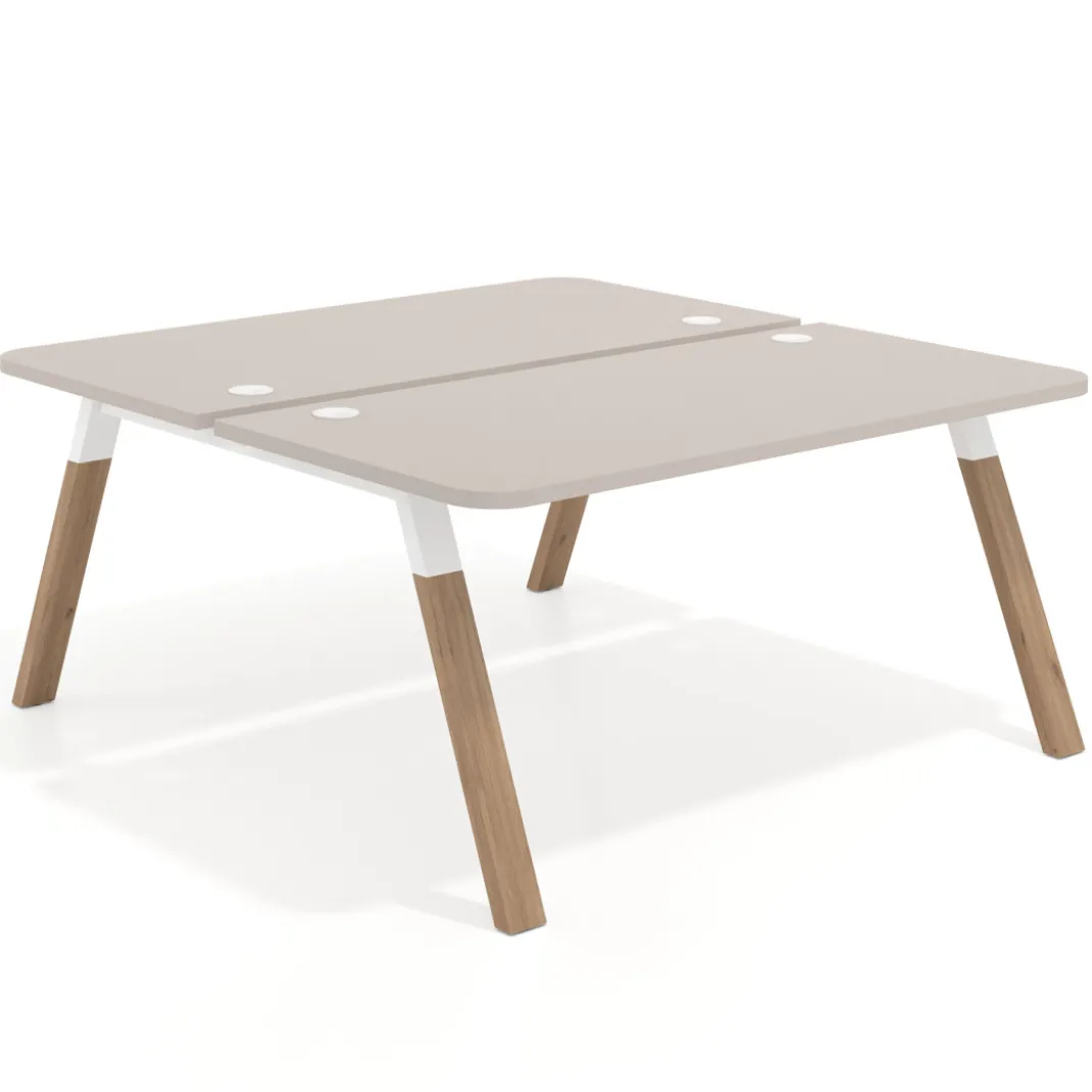 Mesa multipuesto UvePro Bench fondo 166 cm, sobre curvo, estructura blanca/madera
