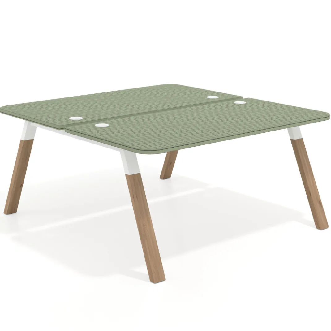 Mesa multipuesto UvePro Bench fondo 166 cm, sobre curvo, estructura blanca/madera