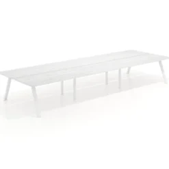 Mesa multipuesto UvePro Bench triple, fondo 166 cm, sobre curvo, estructura blanca