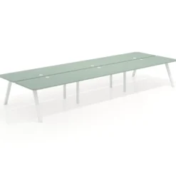 Mesa multipuesto UvePro Bench triple, fondo 166 cm, sobre curvo, estructura blanca