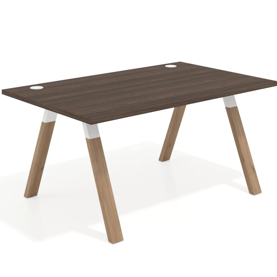 Mesa oficina de diseño UvePro fondo 100cm, estructura blanca, patas de madera