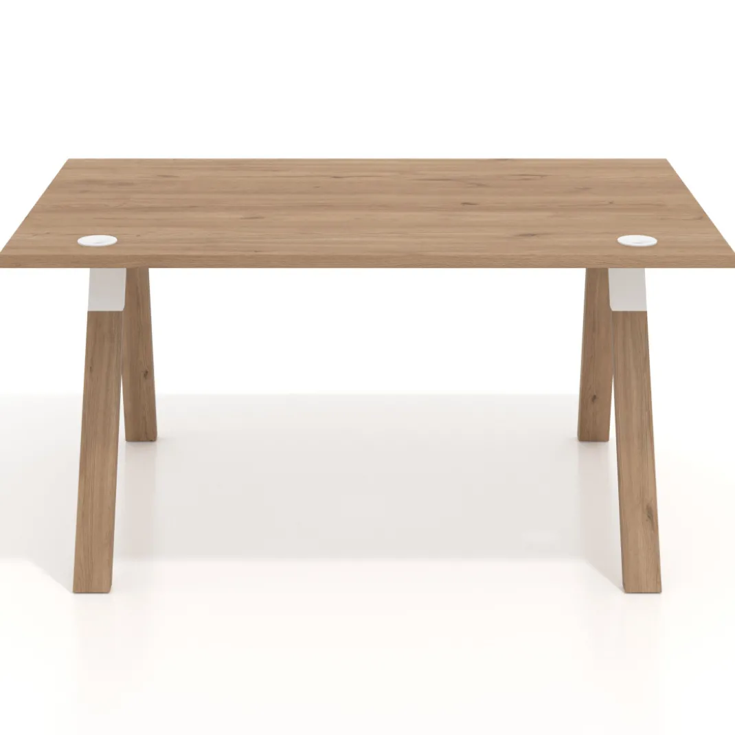 Mesa oficina de diseño UvePro fondo 100cm, estructura blanca, patas de madera