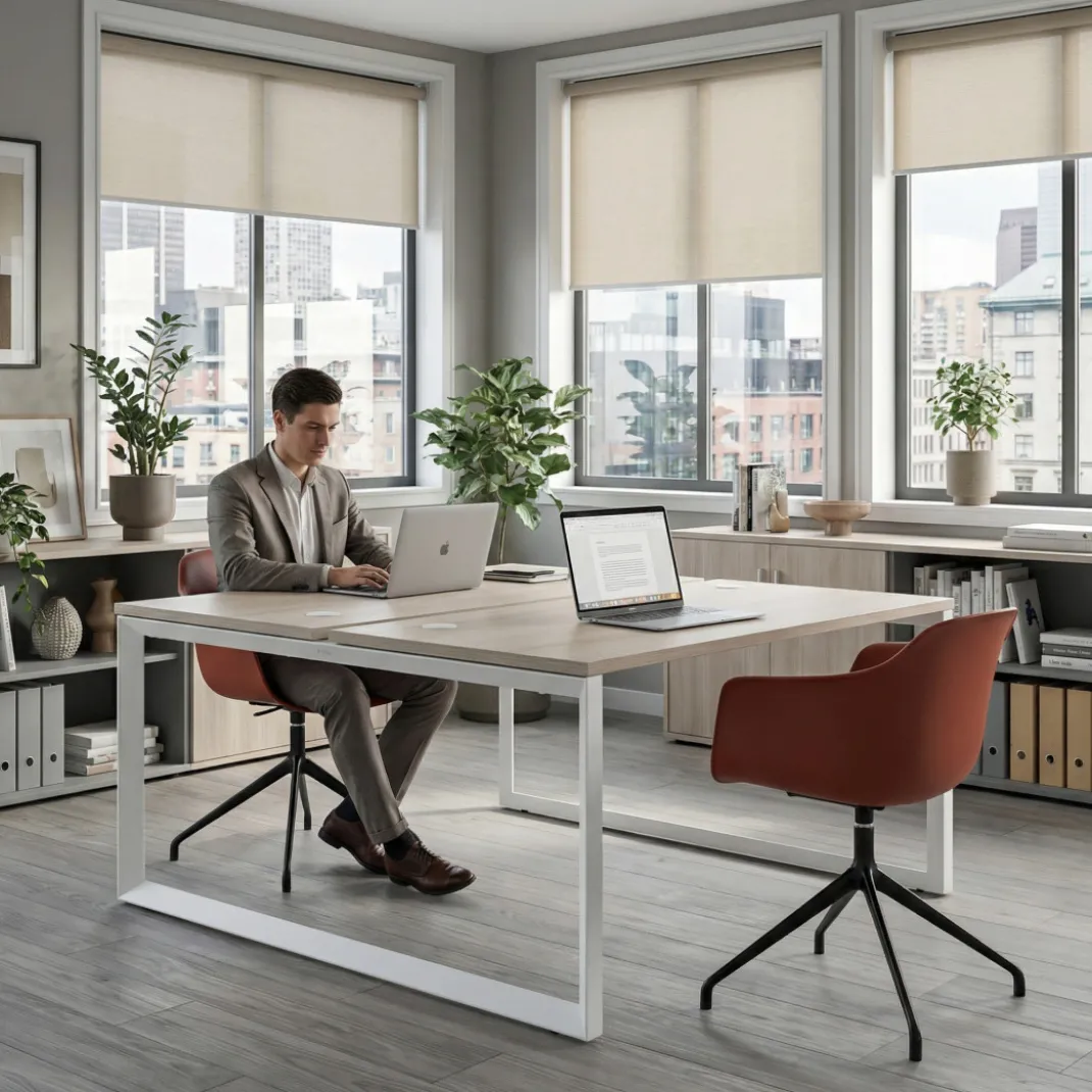 Mesa oficina multipuesto bench Delta fondo 166cm estructura blanca