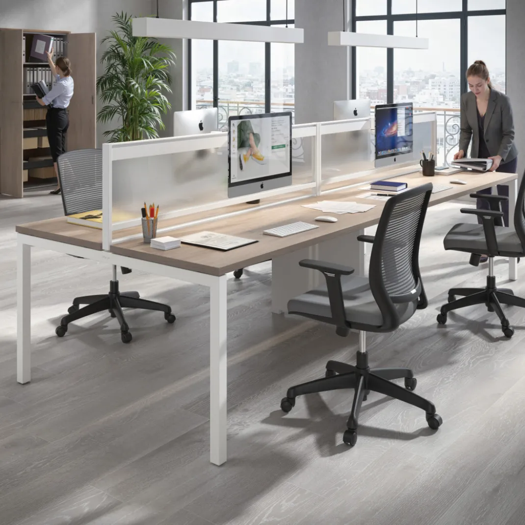 Mesa oficina multipuesto bench doble Kube, fondo 126 cm, estructura blanco