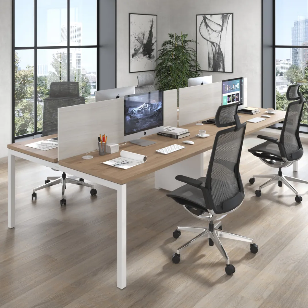 Mesa oficina multipuesto bench doble Kube, fondo 142cm, estructura blanco