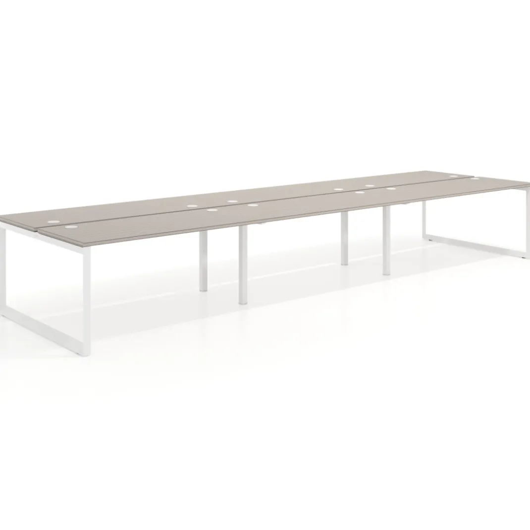 Mesa oficina multipuesto bench Delta triple, fondo 142cm, estructura blanca