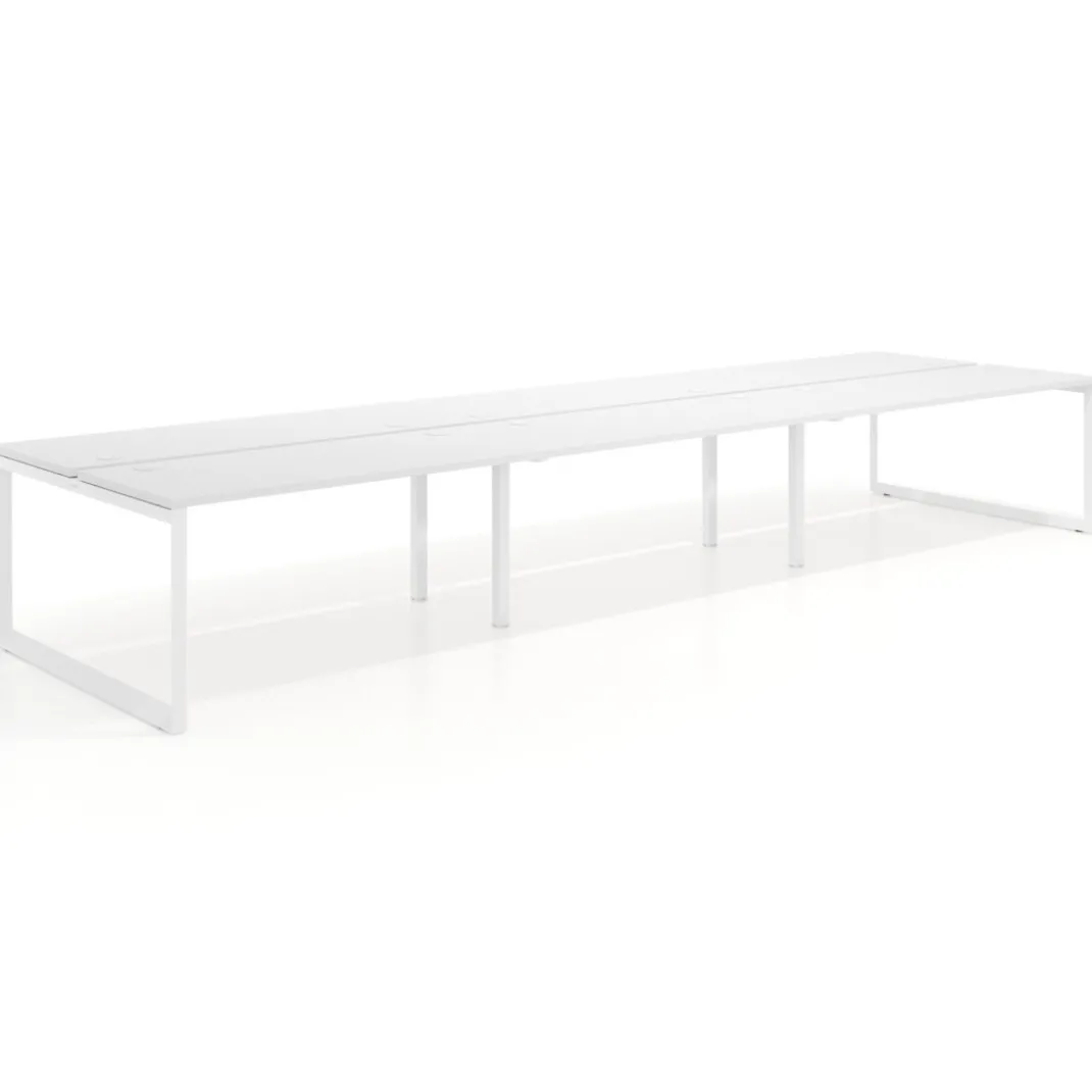 Mesa oficina multipuesto bench Delta triple, fondo 142cm, estructura blanca