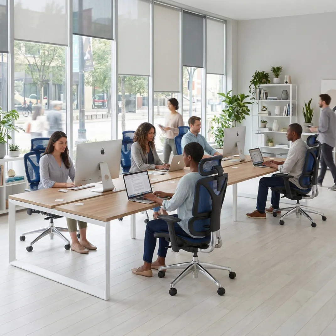 Mesa oficina multipuesto bench Delta triple, fondo 142cm, estructura blanca