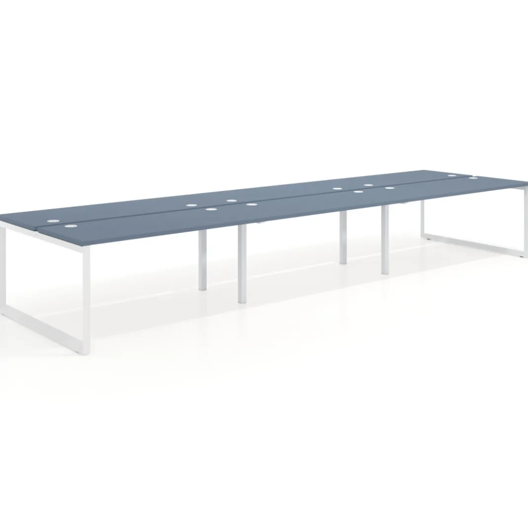 Mesa oficina multipuesto bench Delta triple, fondo 142cm, estructura blanca