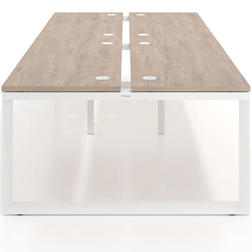Mesa oficina multipuesto bench Delta doble, fondo 142cm, estructura blanca