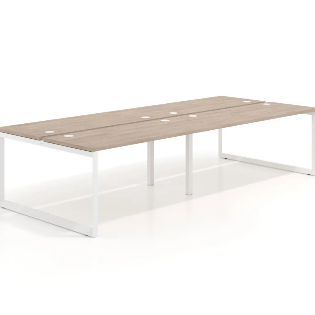 Mesa oficina multipuesto bench Delta doble, fondo 142cm, estructura blanca