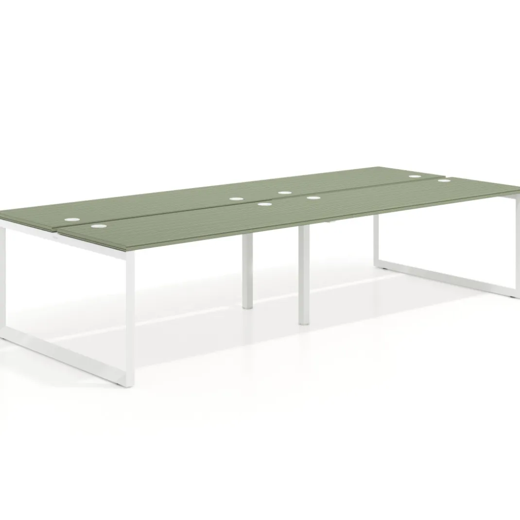 Mesa oficina multipuesto bench Delta doble, fondo 142cm, estructura blanca