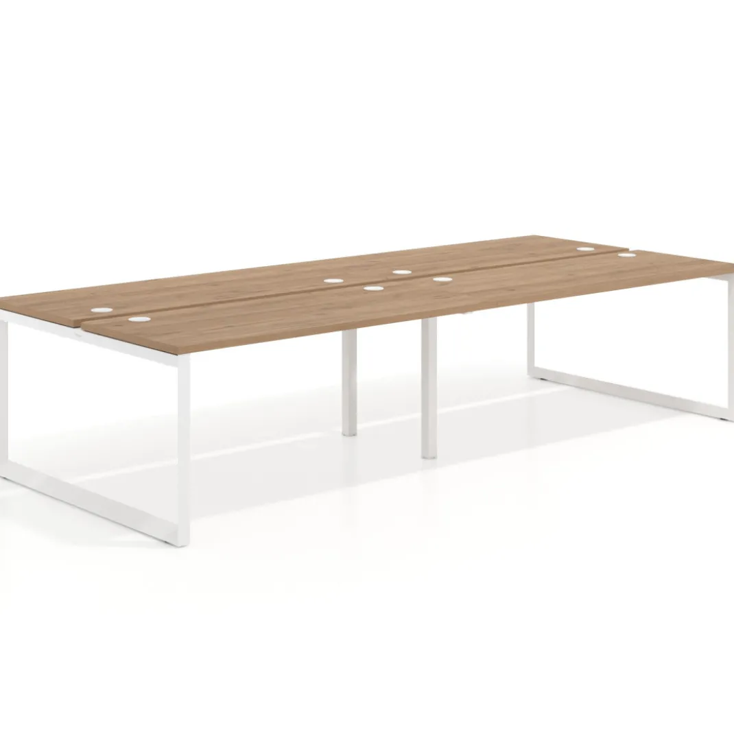 Mesa oficina multipuesto bench Delta doble, fondo 142cm, estructura blanca