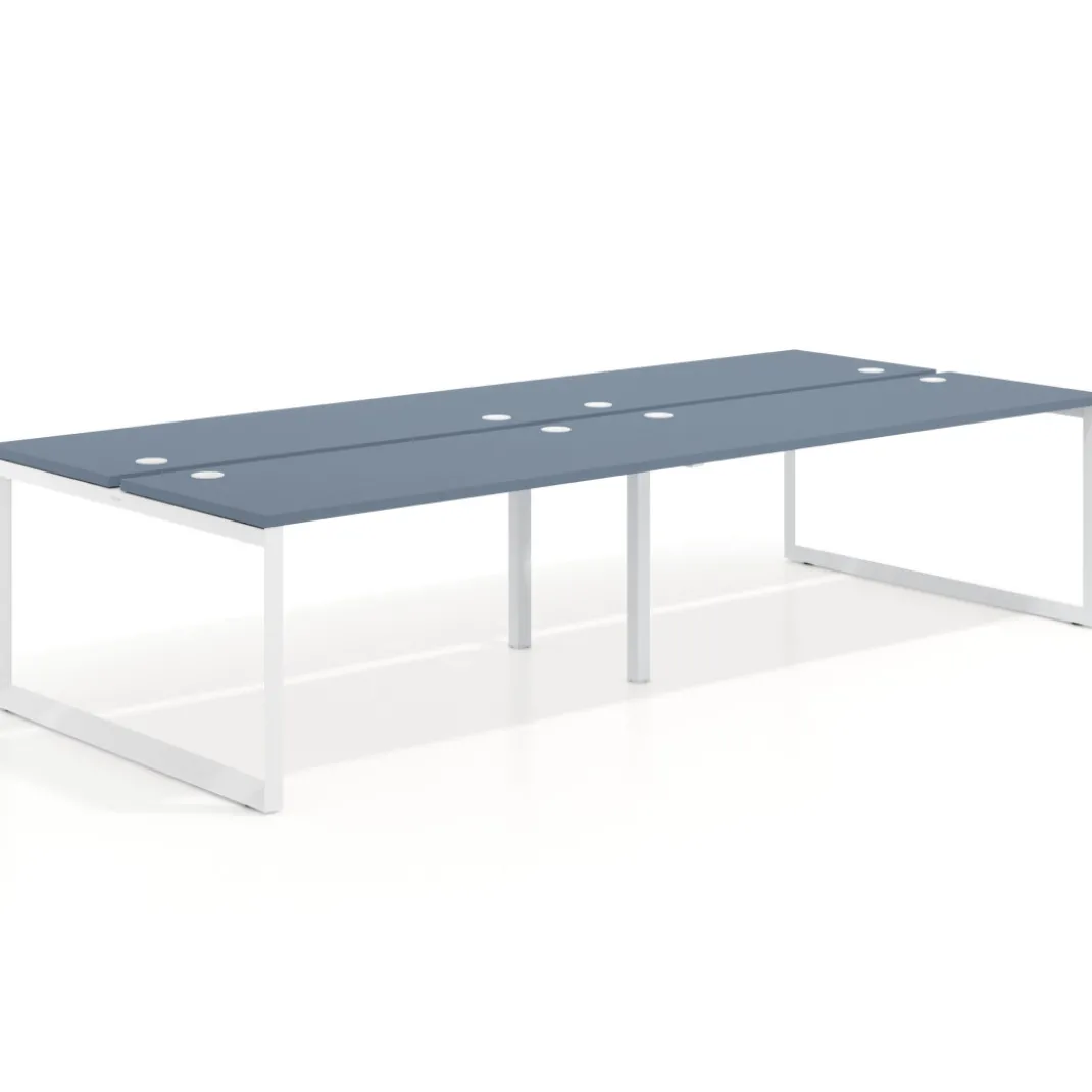 Mesa oficina multipuesto bench Delta doble, fondo 142cm, estructura blanca