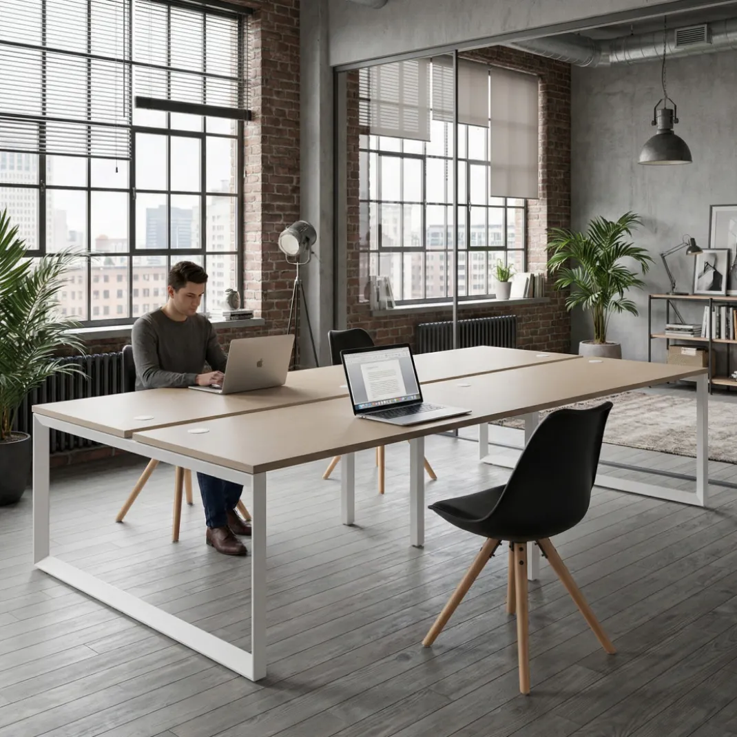 Mesa oficina multipuesto bench Delta doble, fondo 166cm estructura blanca