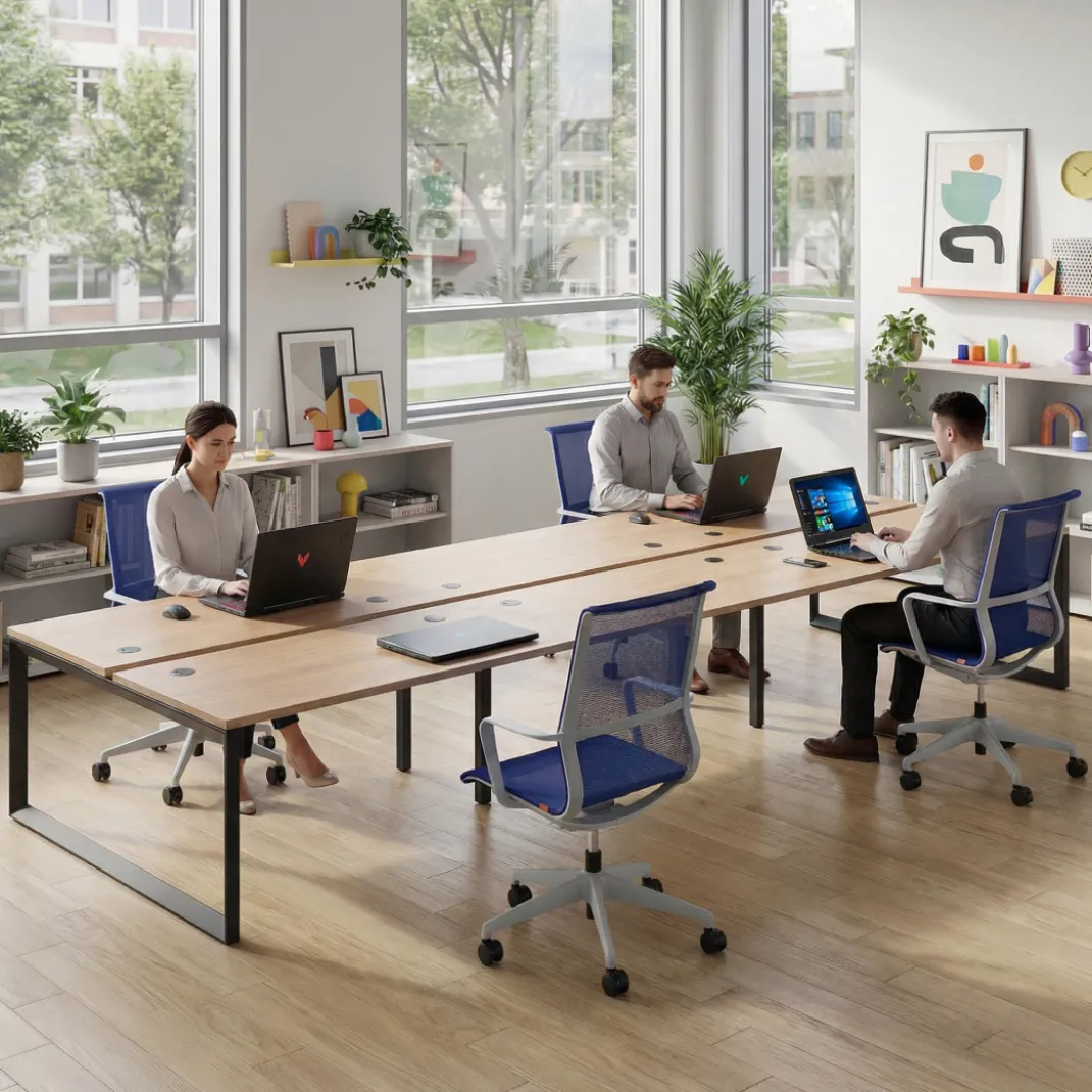 Mesa oficina multipuesto bench Delta triple, fondo 166cm estructura negra