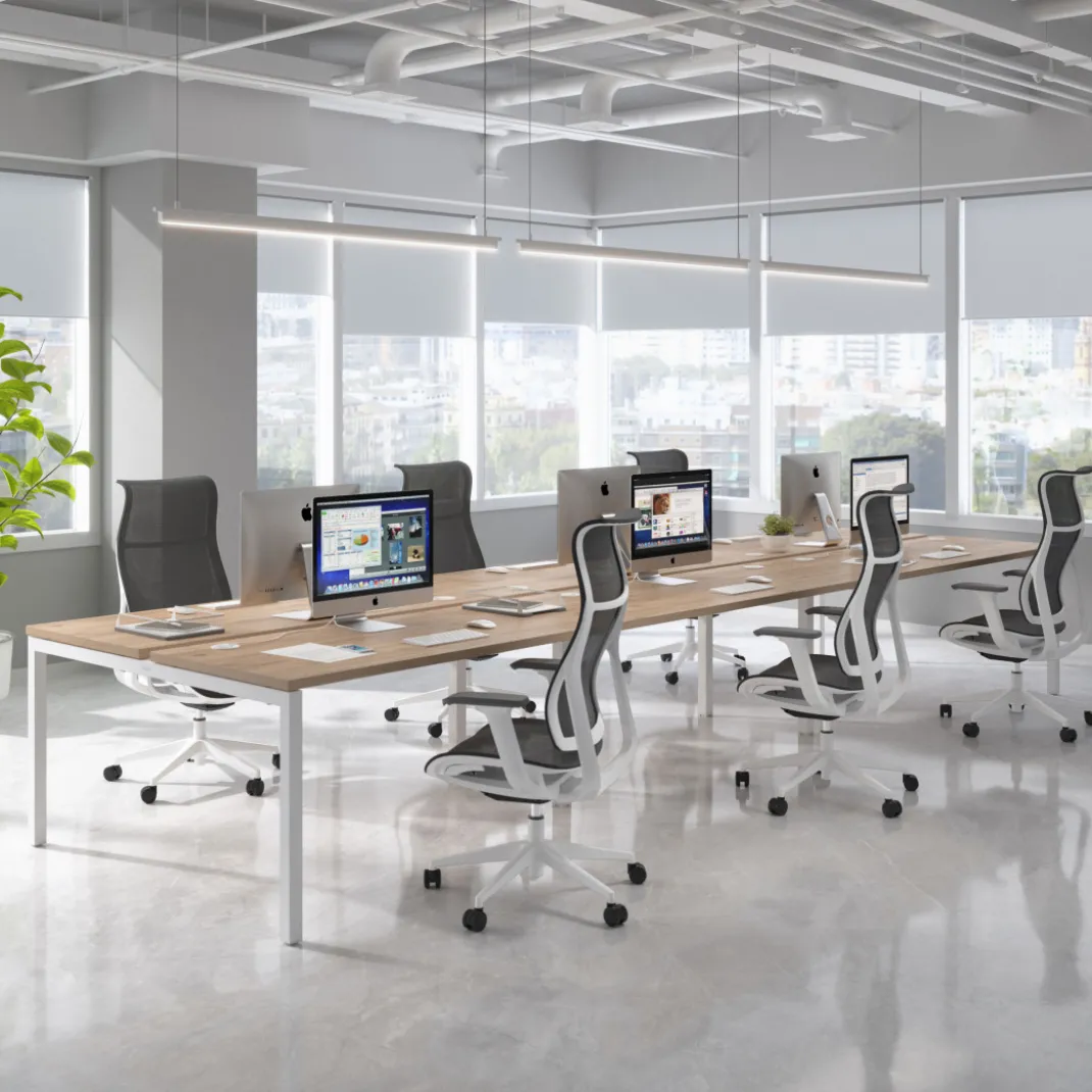 Mesa oficina multipuesto bench triple Kube, fondo 142cm, estructura blanco