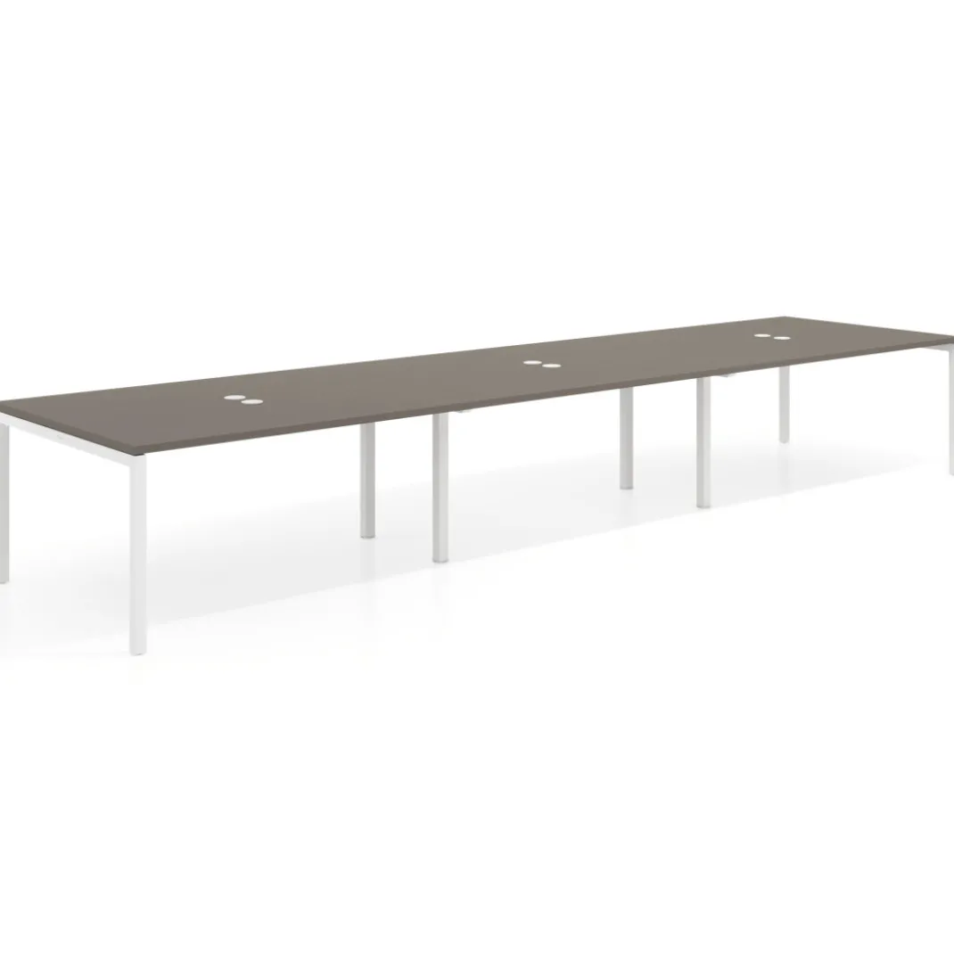 Mesa para coworking encimera continua triple Kube, fondo 126 cm, estructura blanca