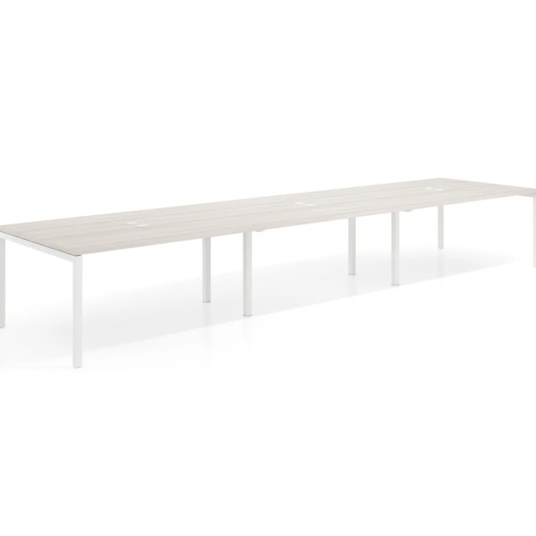Mesa para coworking encimera continua triple Kube, fondo 126 cm, estructura blanca