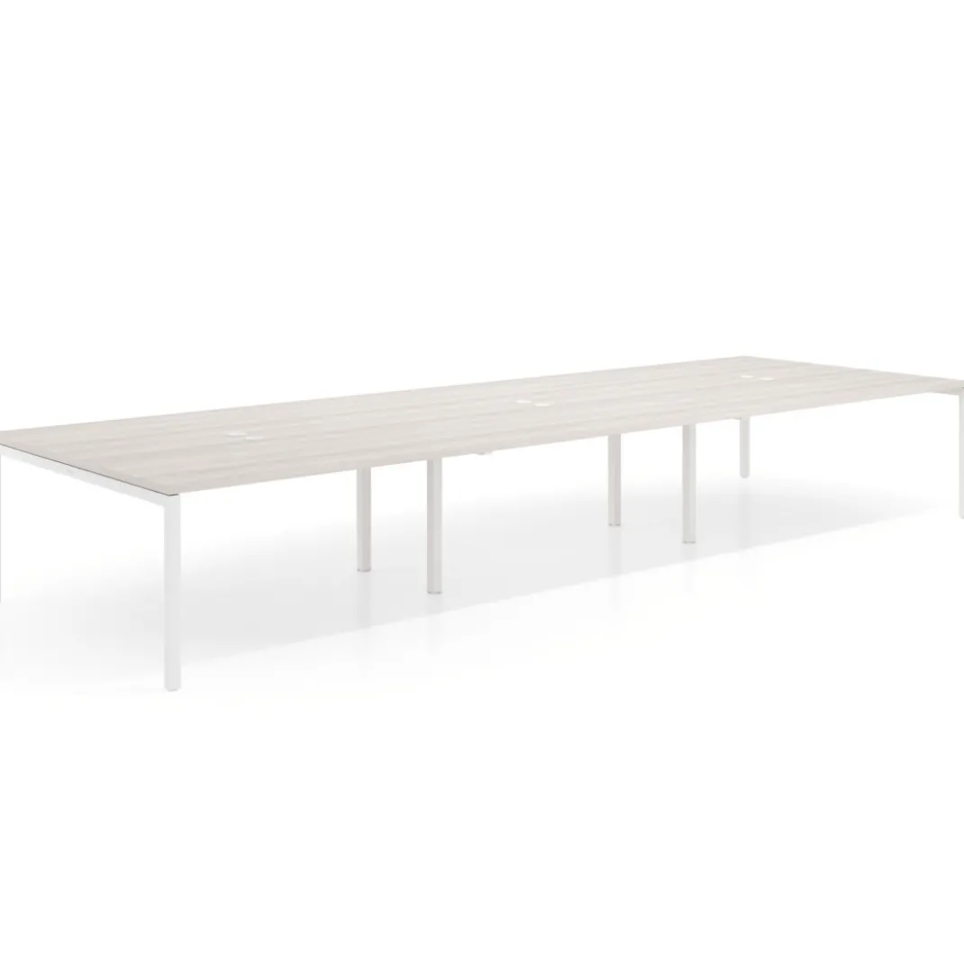 Mesa para coworking Kube triple, encimera continua fondo 166 cm, estructura blanca