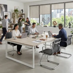 Mesa para reuniones rectangular doble, fondo 142 cm, estructura blanca