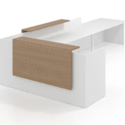 Mostrador con rincón izquierdo y módulo de atención, estructura blanco mate