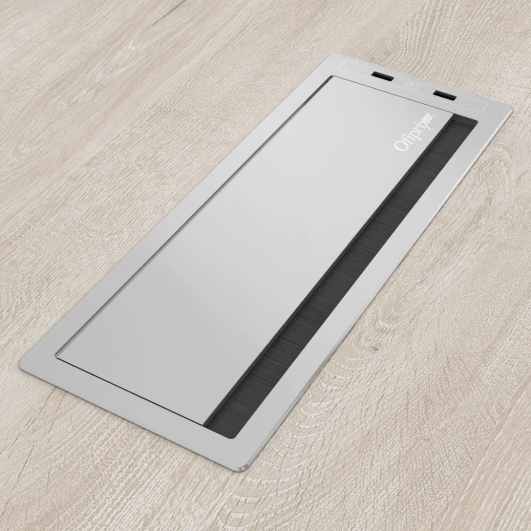 Pasacables con tapa Channel Plus con USB, cierre amortiguado, acabado aluminio