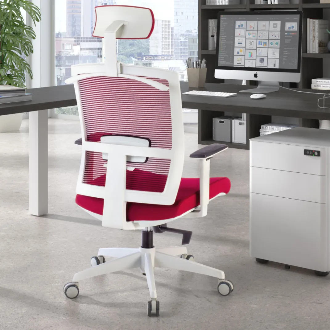 Silla de oficina Kendo white, brazos ajustables, reposacabezas, red